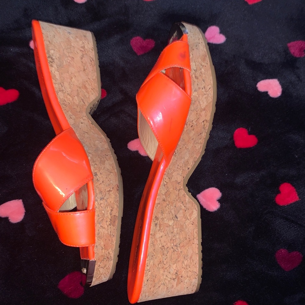 Jimmy Choo Neon Orange cork Sandals Patent leather shoes